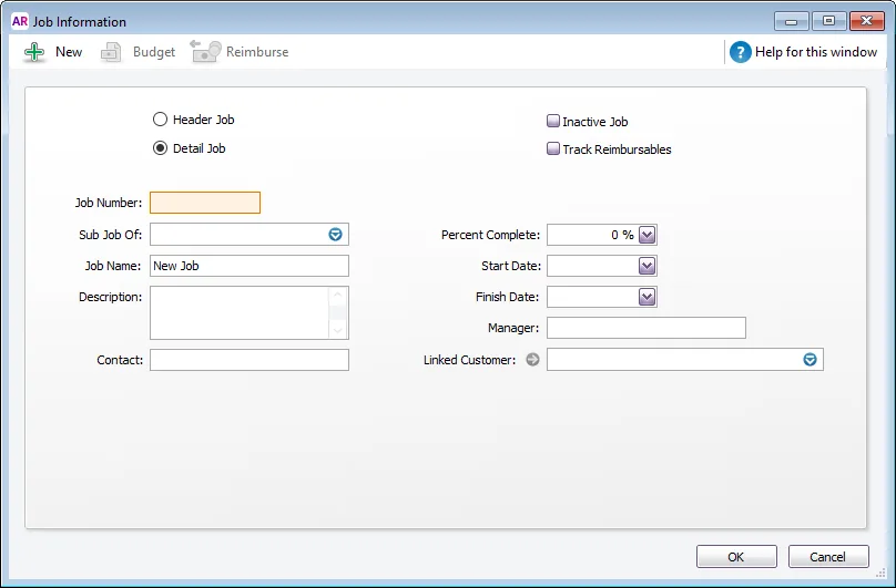 The Windows Job Information window exposes header/detail job types, a parent job, percentage complete, dates, a manager and a linked customer in one dialog.