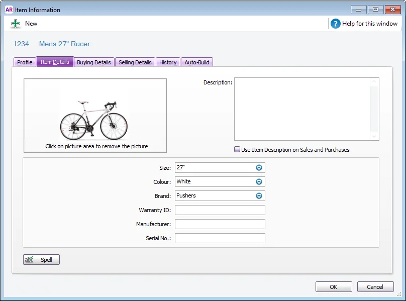 AccountRight’s Windows Item Information window separates an item’s picture and descriptive fields from buying, selling, history and auto-build tabs.