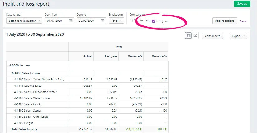 This browser profit-and-loss example compares actual results with last year and places dollar and percentage variances beside the figures.