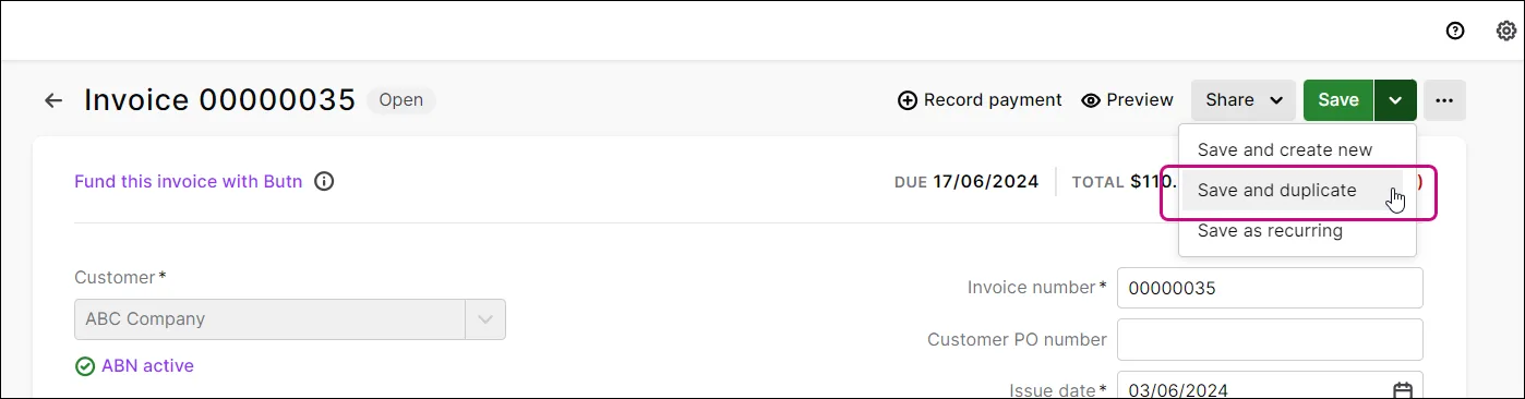 The browser invoice view places payment, preview, sharing and saving actions across the top. Its Save menu includes Save and duplicate for reusing an invoice’s details.