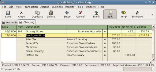 GnuCash account register expanded to show a salary split across checking and tax/expense accounts.