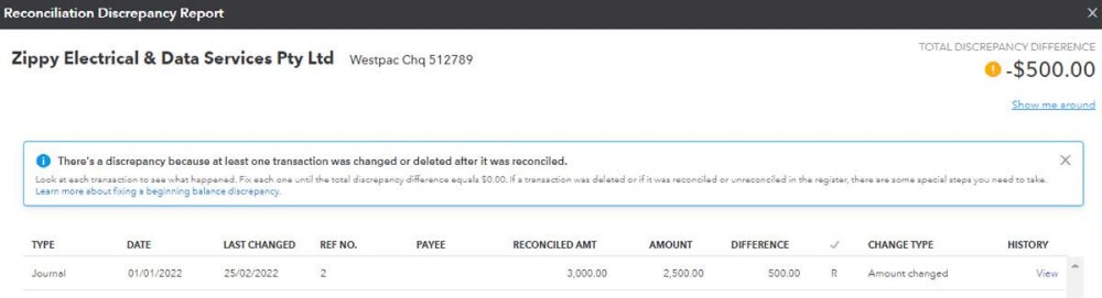 QuickBooks Reconciliation Discrepancy Report showing an amount-changed transaction and a $500 discrepancy.