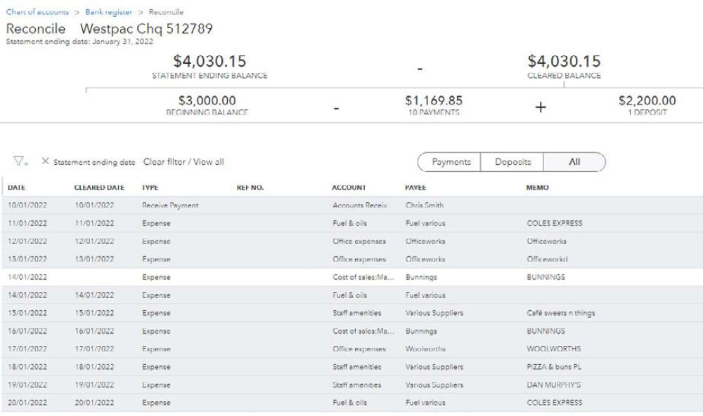 QuickBooks reconciliation screen showing Westpac statement and cleared balances, payments, deposits and transaction rows.
