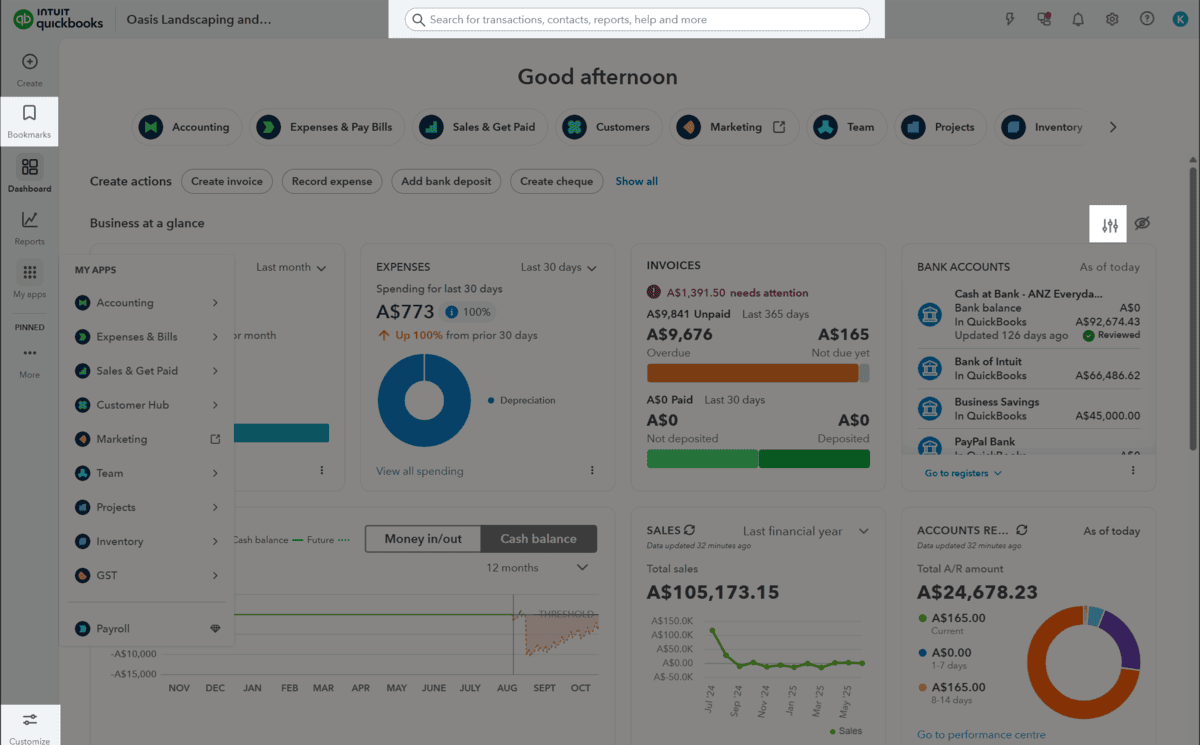 QuickBooks dashboard showing expense, invoice, bank, sales and receivables widgets, with navigation customisation controls highlighted.