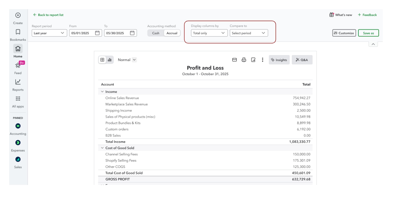 QuickBooks modern Profit and Loss report with accounting-method, column and comparison controls.