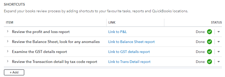 Books Review shortcuts checklist for profit and loss, balance sheet, GST details and transaction-by-tax-code reports.