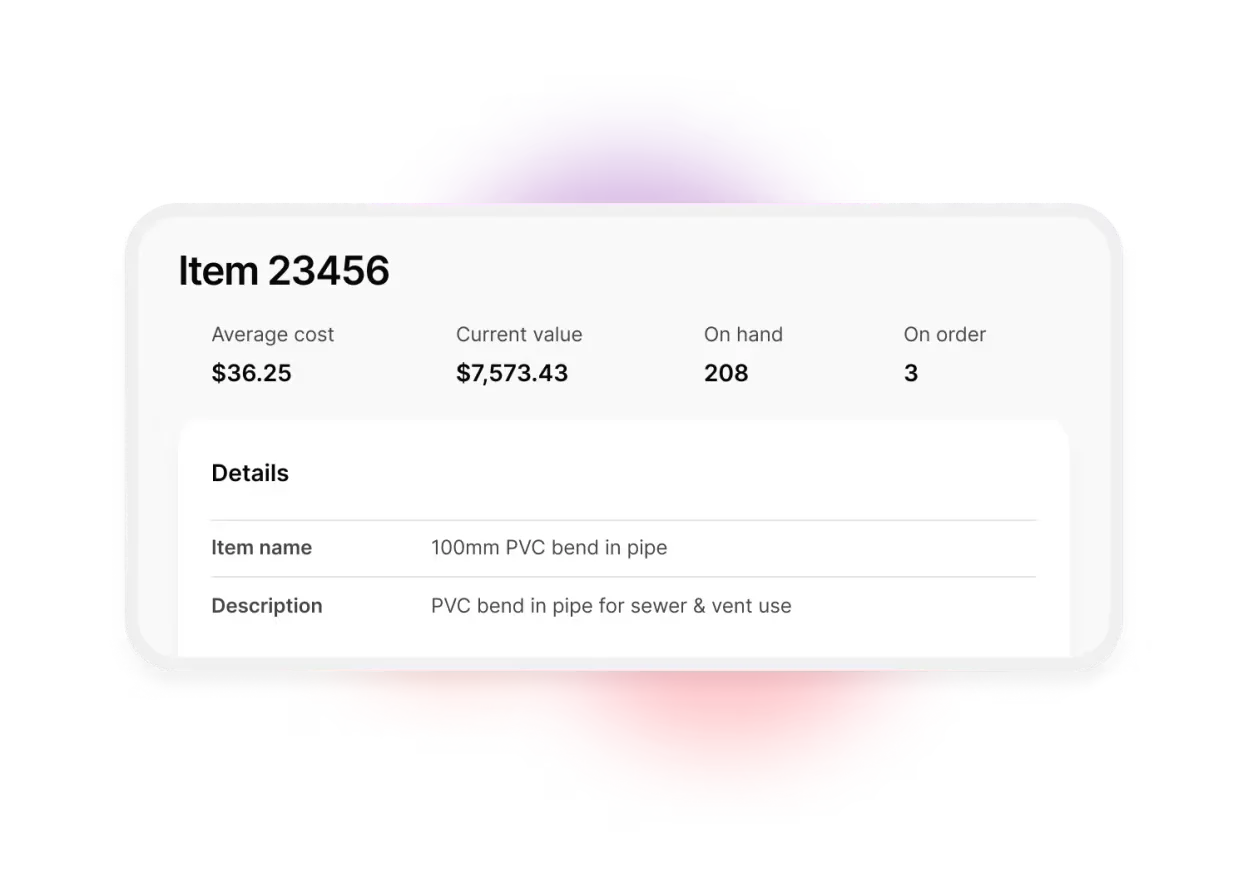 MYOB vendor illustration of an inventory item with average cost, current value, quantity on hand and quantity on order
