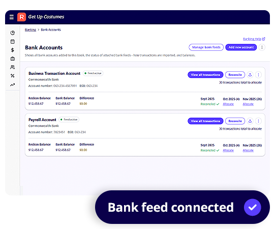 Reckon One vendor example showing bank accounts, statement balances and reconciliation status