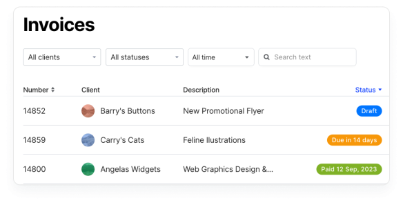 Rounded's vendor example showing an invoice list with draft, due and paid statuses